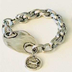Chunky Silver Chain Bracelet with coin charm, D clasp bracelet, stainless steel